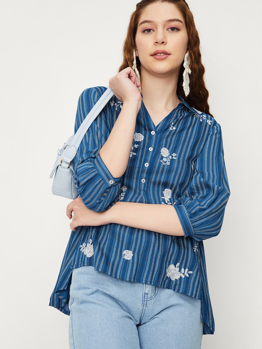 

max Striped Shirt Style High-Low Top, Blue