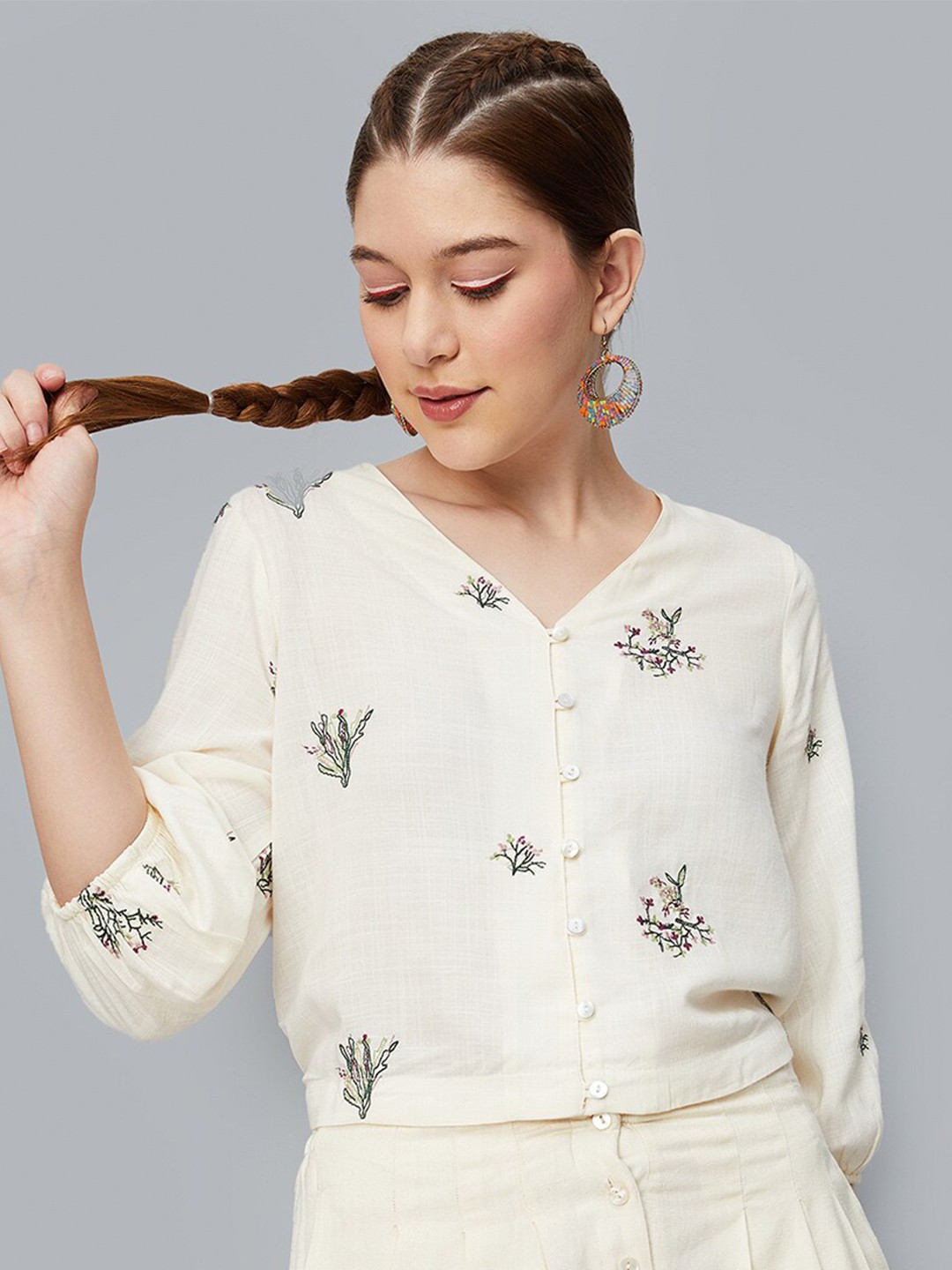 

max Embroidered V-Neck Bardot Top, Nude