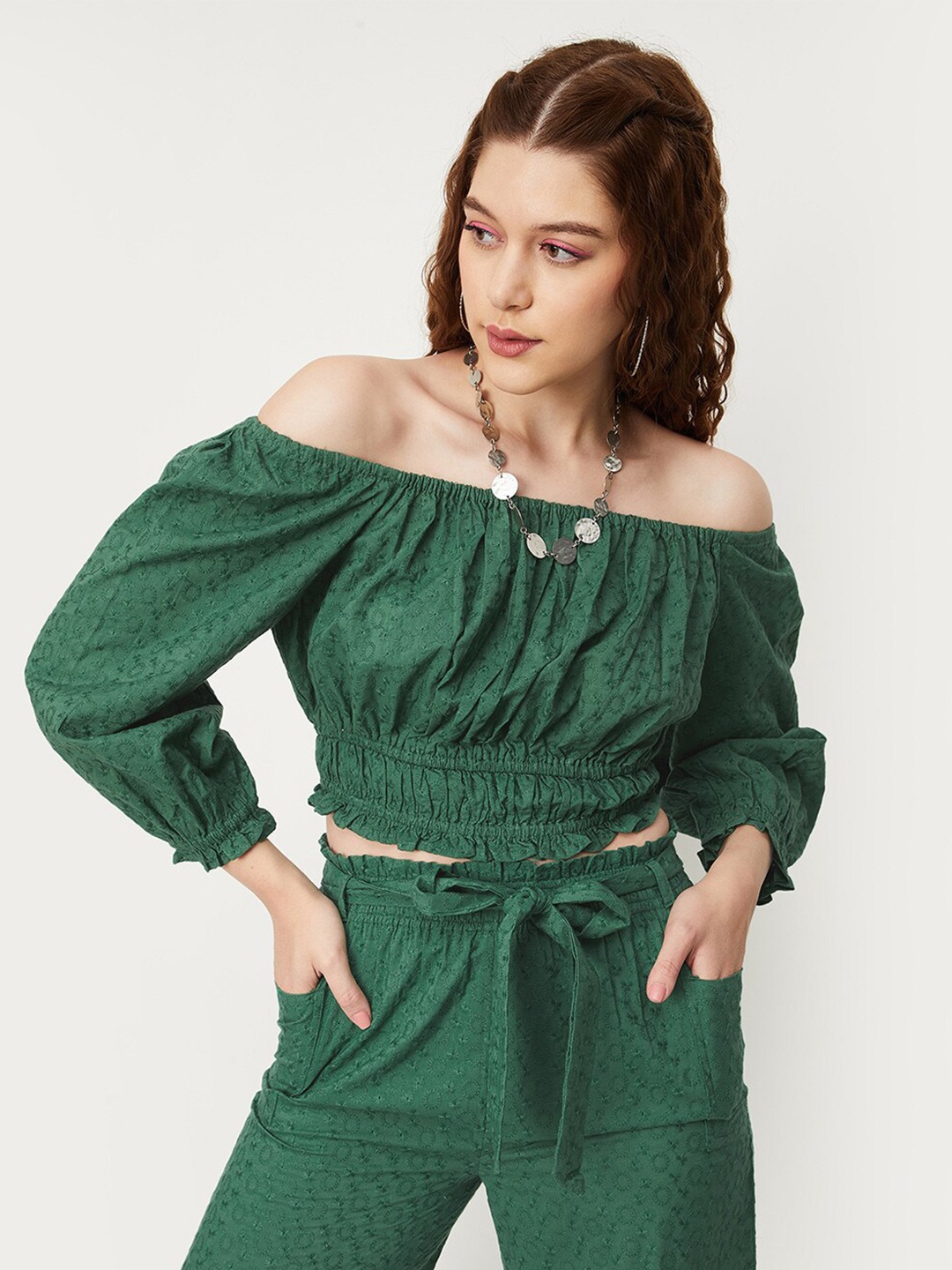 

max Off-Shoulder Puff Sleeve Bardot Crop Top, Green