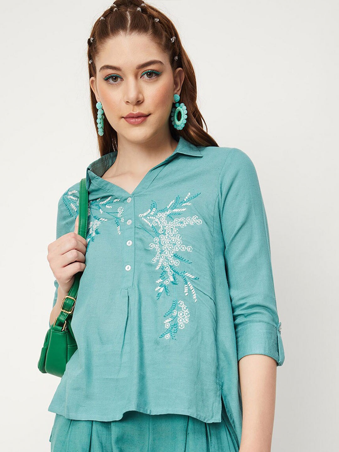 

max Floral Printed Roll-Up Sleeves Shirt Style Casual Top, Blue
