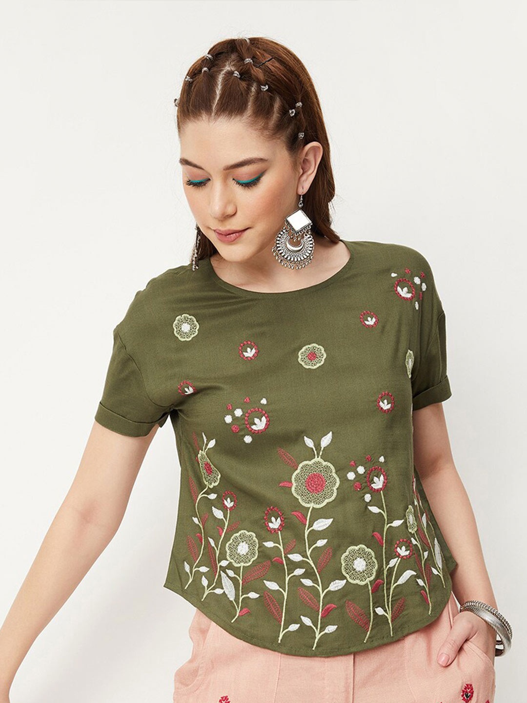 

max Floral Printed Round Neck Casual Top, Green