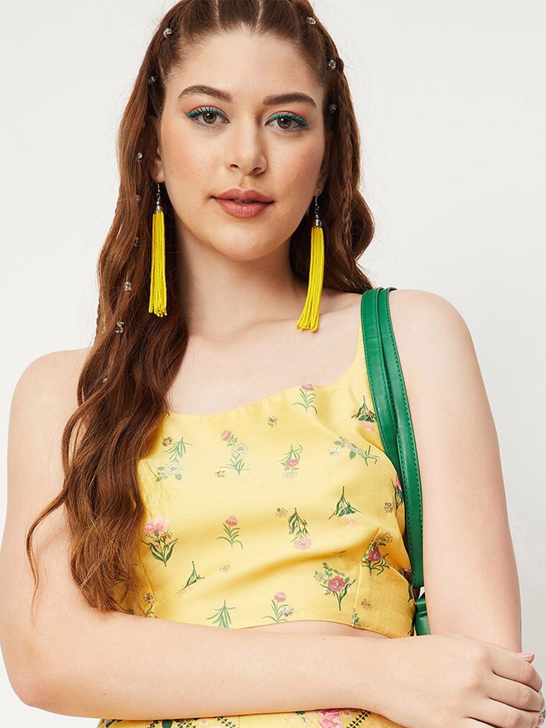 

max Floral Printed Smocked Ethnic Crop Top, Yellow