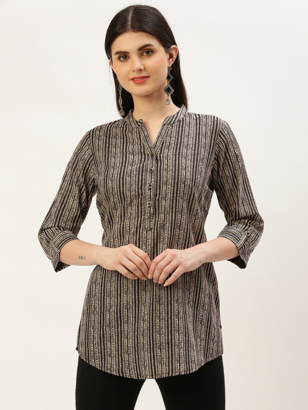 

AMUKTI Mandarin Collar Striped Tunic, Black