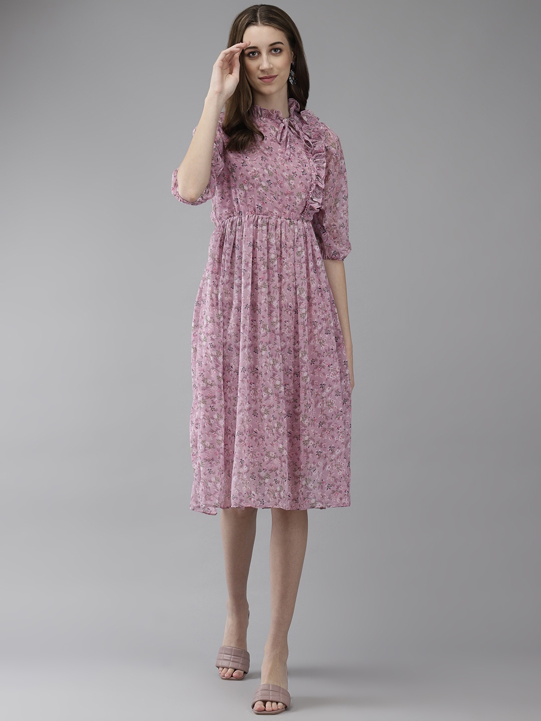 

Aarika Floral Print Tie-Up Neck Puff Sleeve Ruffled Georgette A-Line Dress, Pink