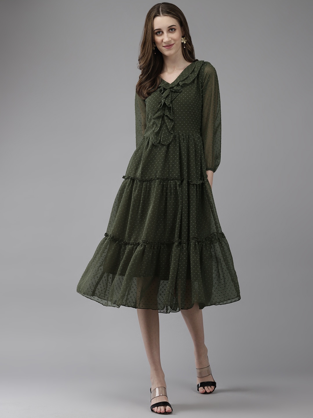 

Aarika Puff Sleeve Ruffled Georgette A-Line Midi Dress, Green
