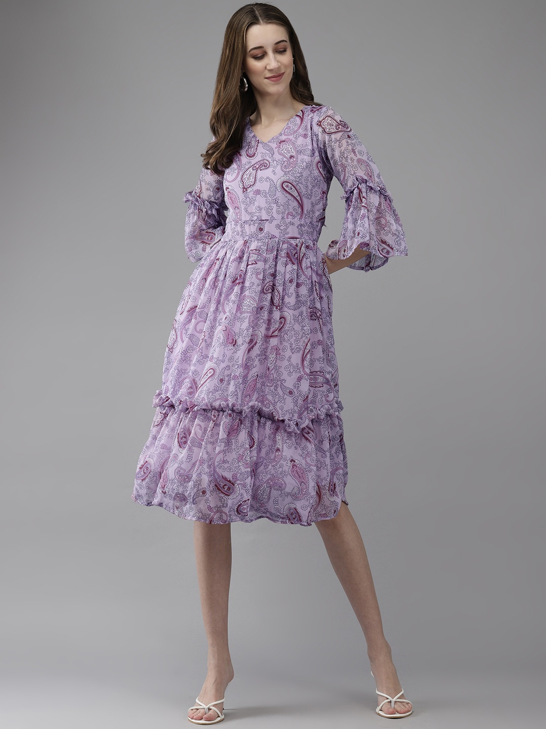 

Aarika Ethnic Motifs Print Bell Sleeves Georgette Fit & Flare Dress, Purple
