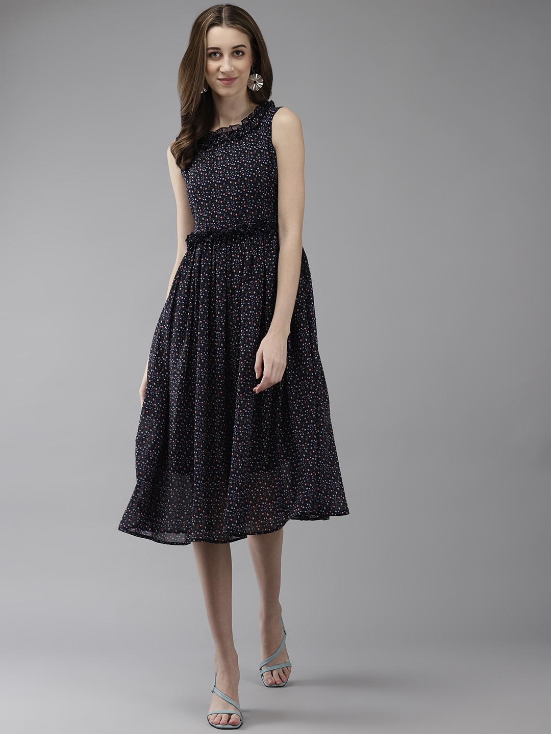 

Aarika Floral Print Georgette Fit & Flare Dress, Navy blue