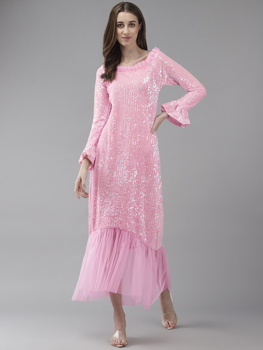 

Aarika Sequinned Embellished Bell Sleeves Ruffled Georgette A-Line Maxi Dress, Pink