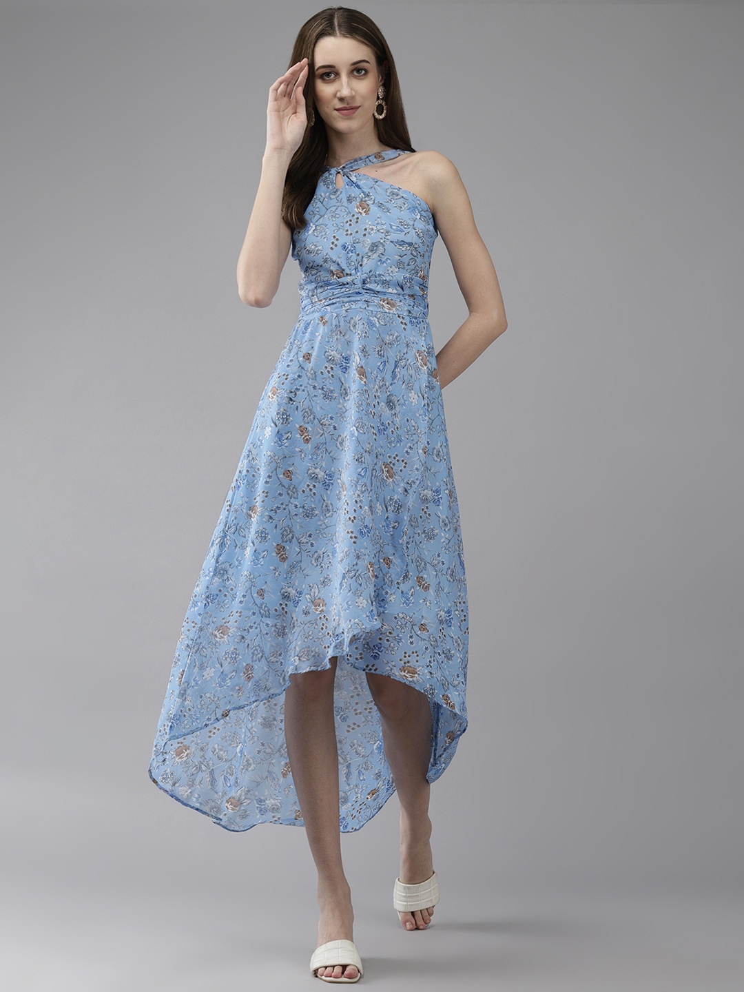 

Aarika Floral Print Keyhole Neck Georgette Fit & Flare Midi Dress, Blue