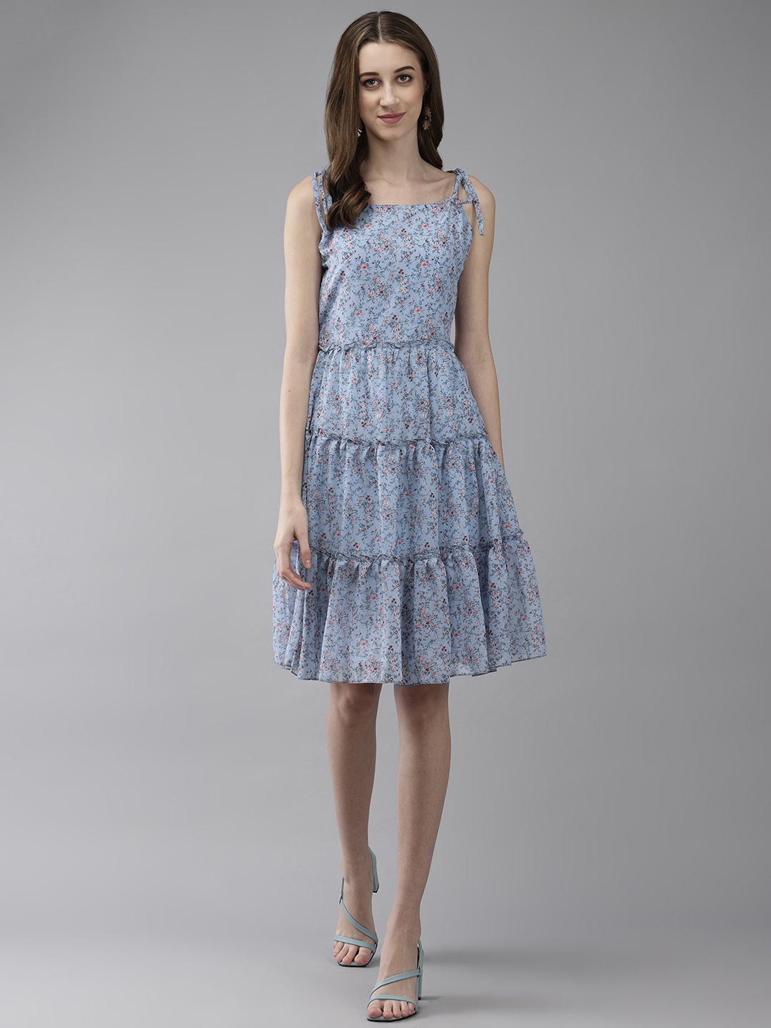 

Aarika Floral Print Tie-Up Neck Georgette A-Line Dress, Blue