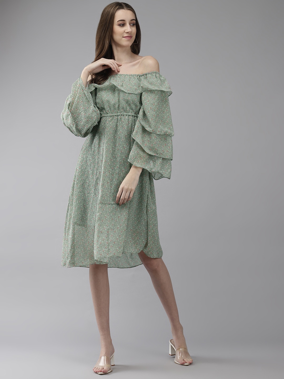 

Aarika Floral Print Off-Shoulder Flared Sleeve Layered Georgette Fit & Flare Dress, Green