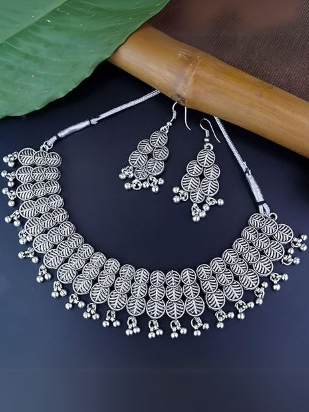 

I Jewels Silver-Plated Oxidised Choker Necklace and Earrings with Maang Tika