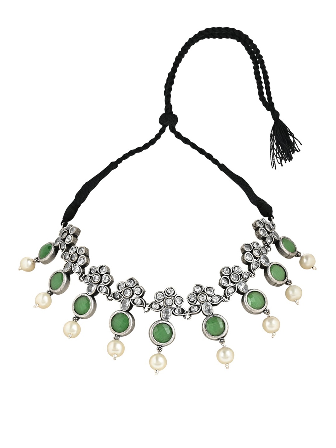 

I Jewels Silver- Plated Oxidized Artificial Stones and Beads Jewellery Set
