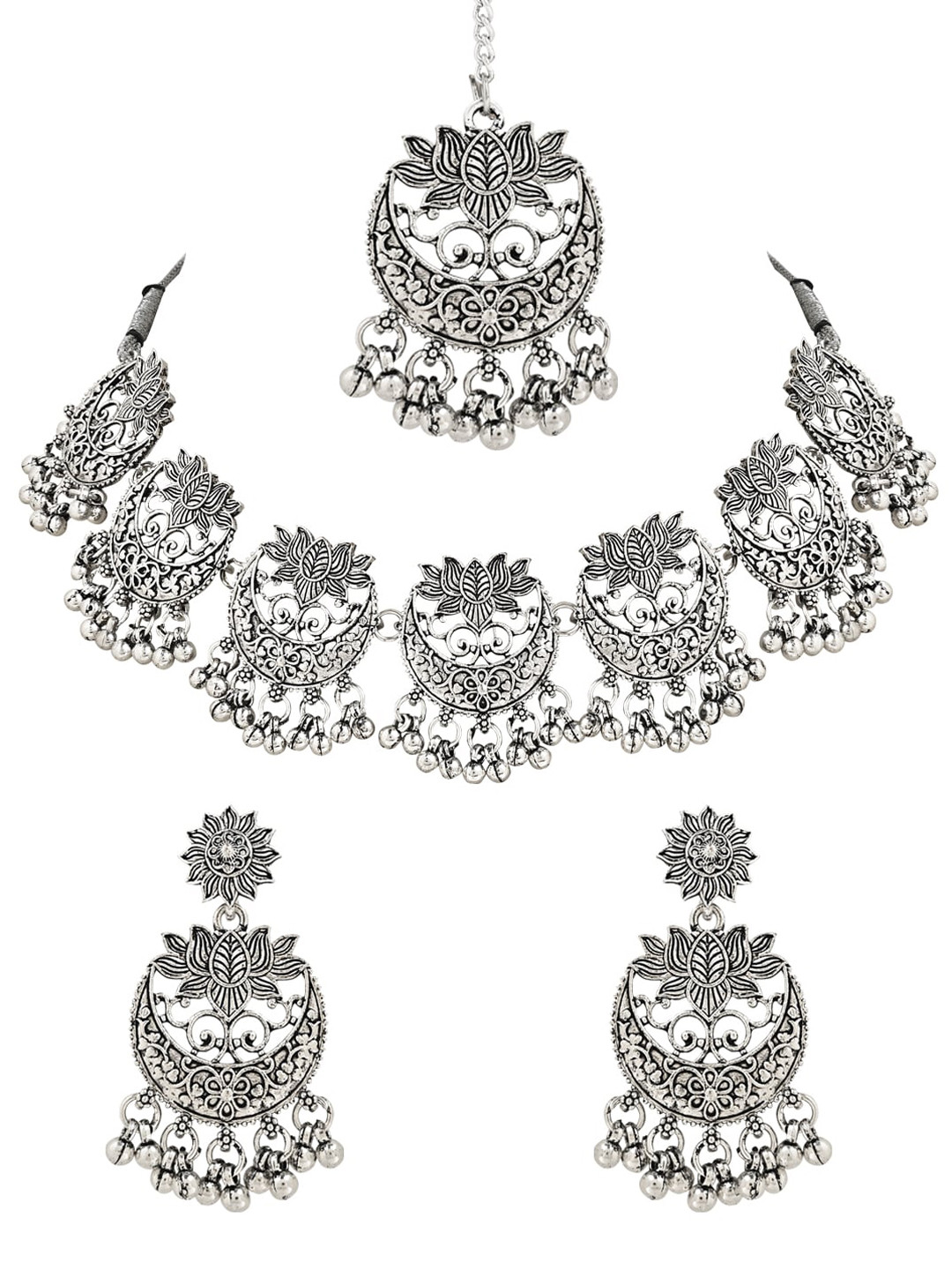 

I Jewels Silver-Plated Kundan Studded & Beaded Jewellery Set