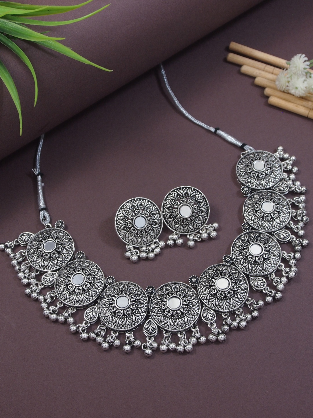 

I Jewels Silver-Plated Oxidised Jewellery Set