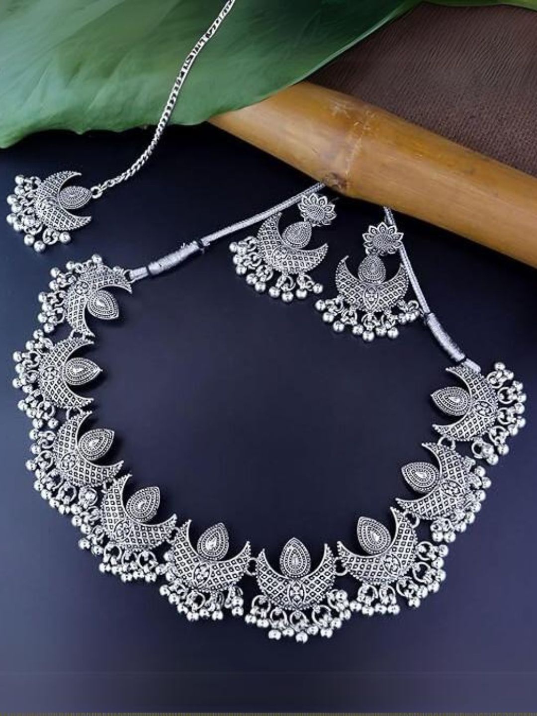 

I Jewels Silver-Plated Oxidised Jewellery Set With Maangtikka