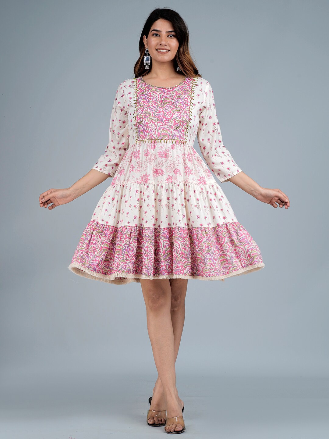 

Sangria Floral Printed Embroidered Fit And Flare Ethnic Dress, White