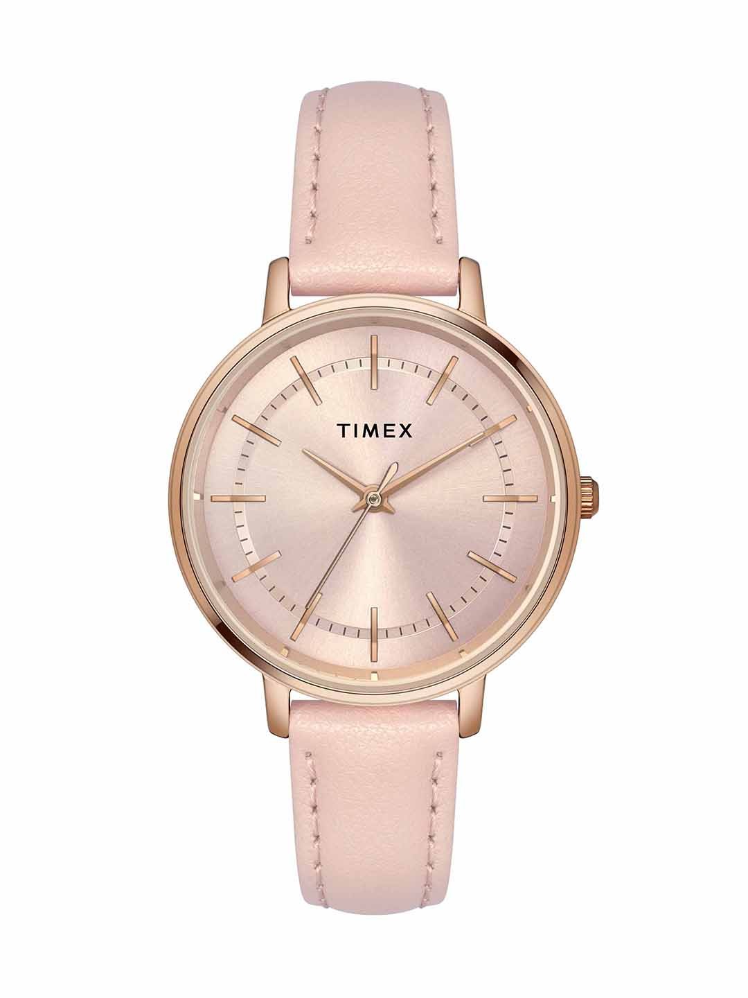 

Timex Women Brass Dial & Leather Textured Straps Analogue Watch TWEL15801, Pink
