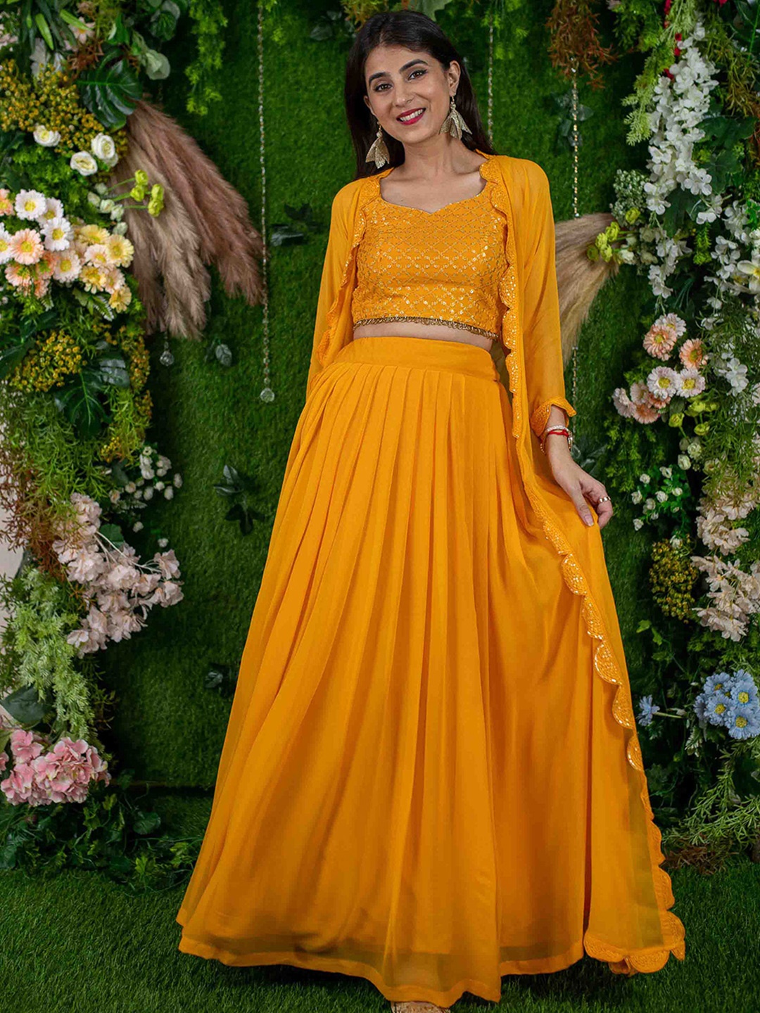 

Label Shaurya Sanadhya Embellished Sequinned Ready to Wear Lehenga, Mustard
