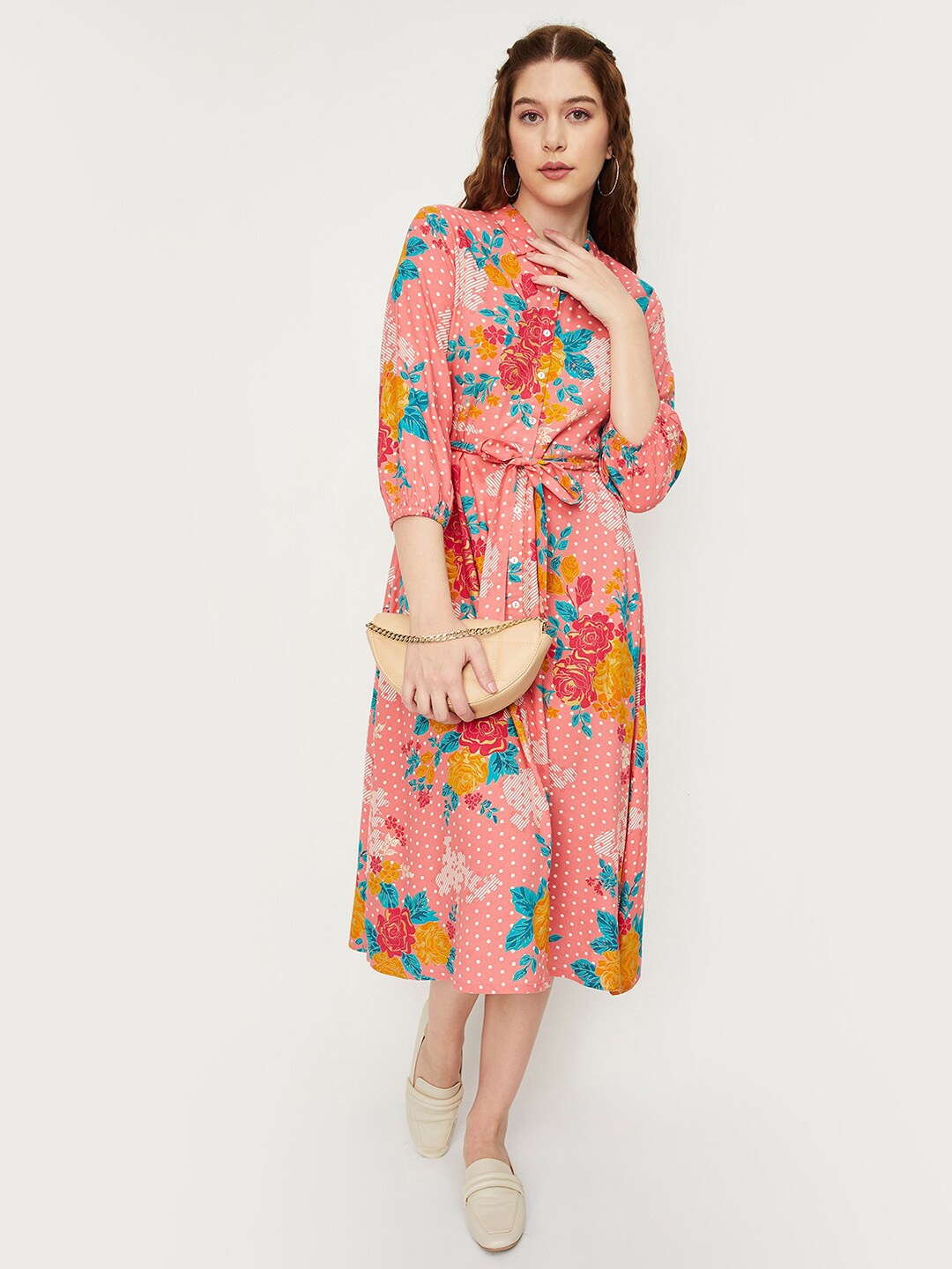 

max Floral Printed Shirt Midi Dress With Belt, Pink