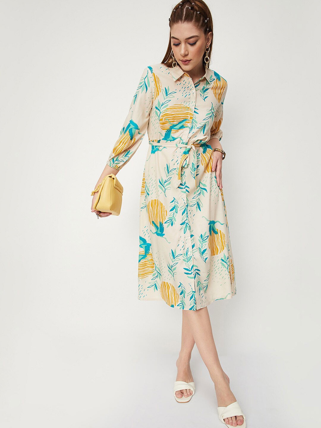 

max Floral Printed Shirt Collar Shirt Dress, Nude