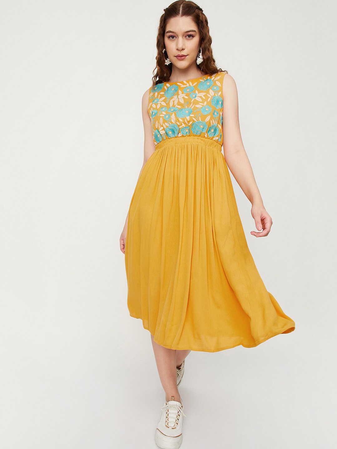 

max Floral Embroidered Fit & Flare Midi Dress, Yellow