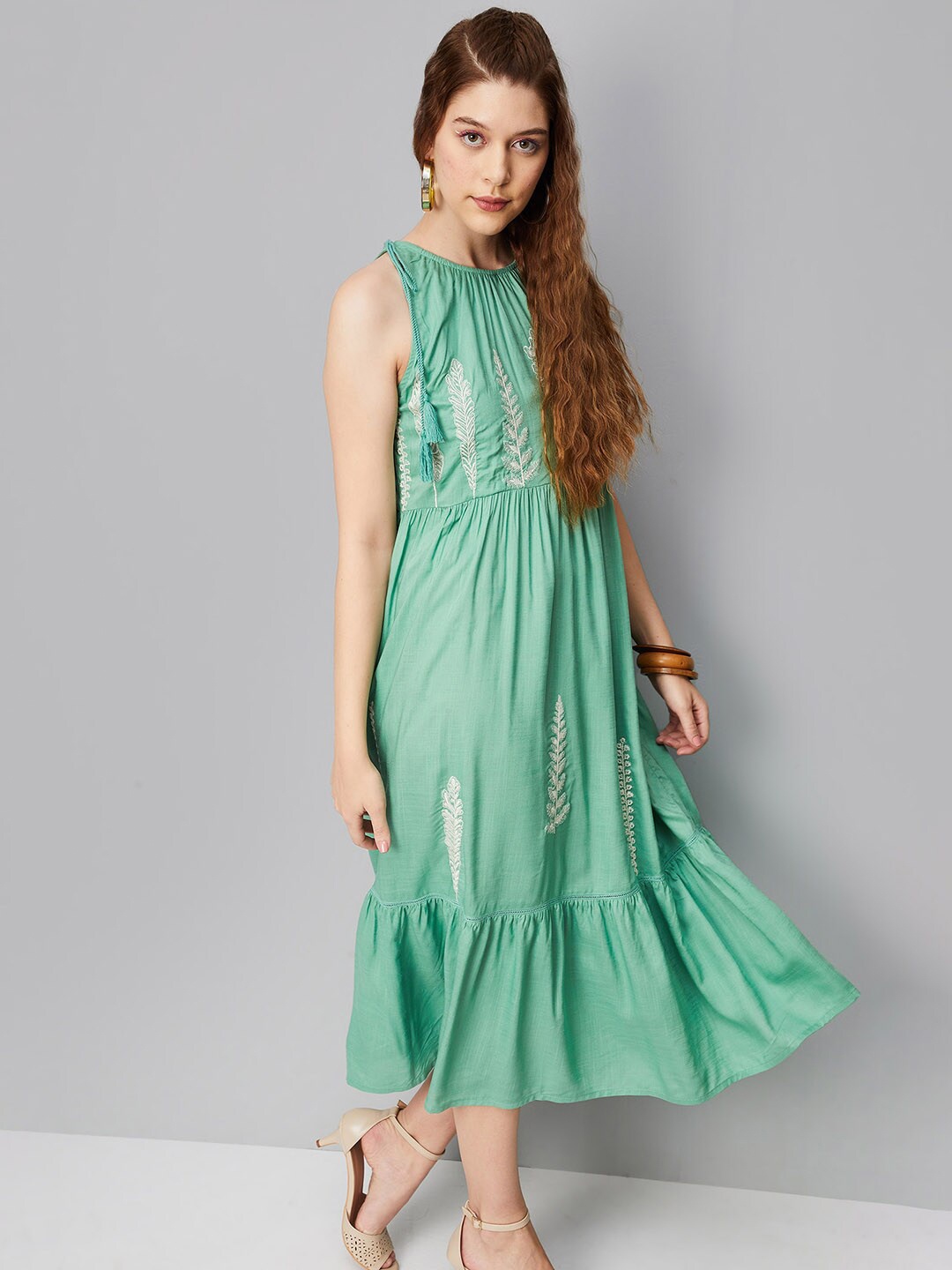 

max Floral Embroidered Tiered A-Line Midi Dress, Sea green