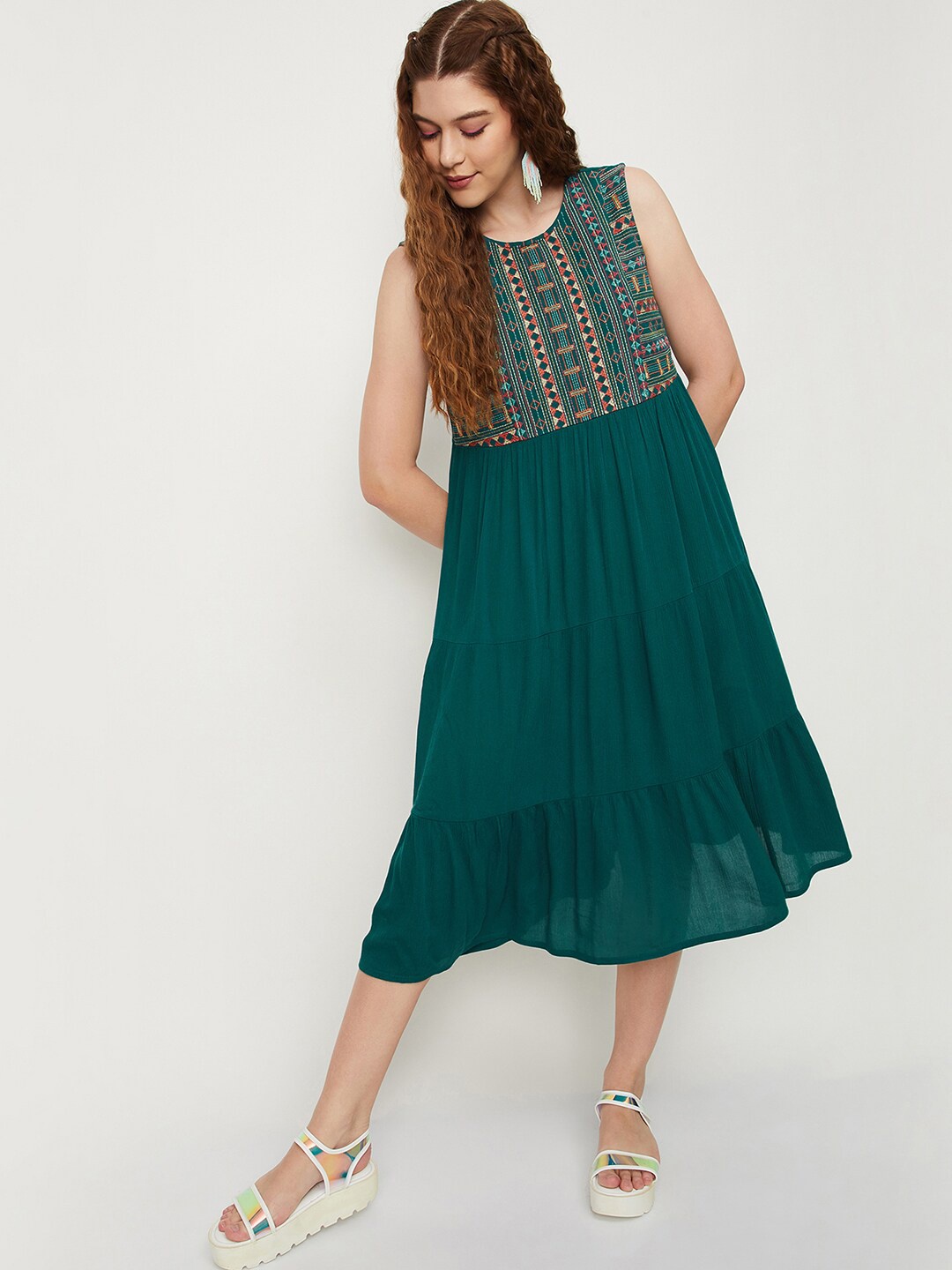 

max Geometric Embroidered Tiered A-Line Midi Dress, Teal