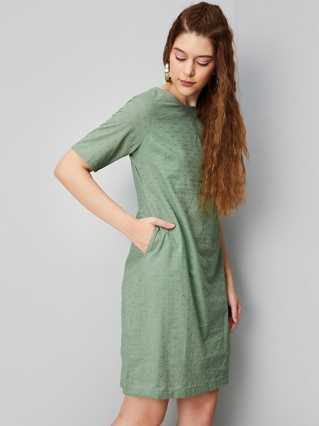 

max Floral Embroidered Schiffli Pure Cotton Sheath Dress, Green
