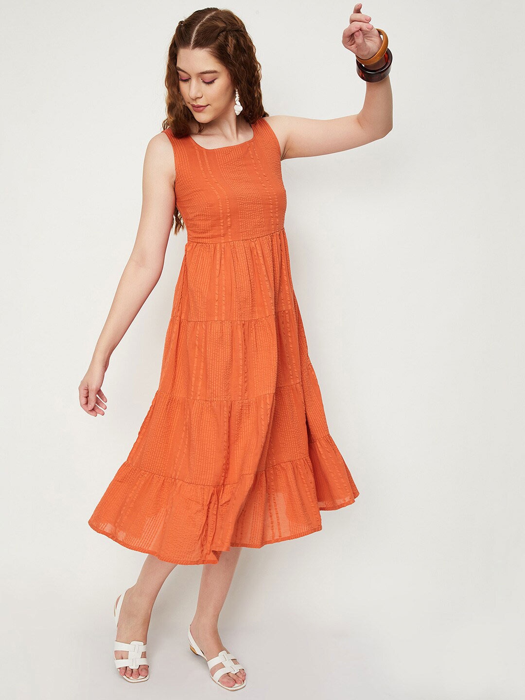 

max Fit & Flare Tired smoked Pure Cotton Midi Dress, Orange