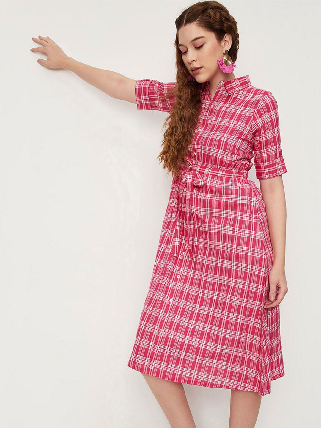 

max Pink Checked Shirt Pure Cotton Midi Dress