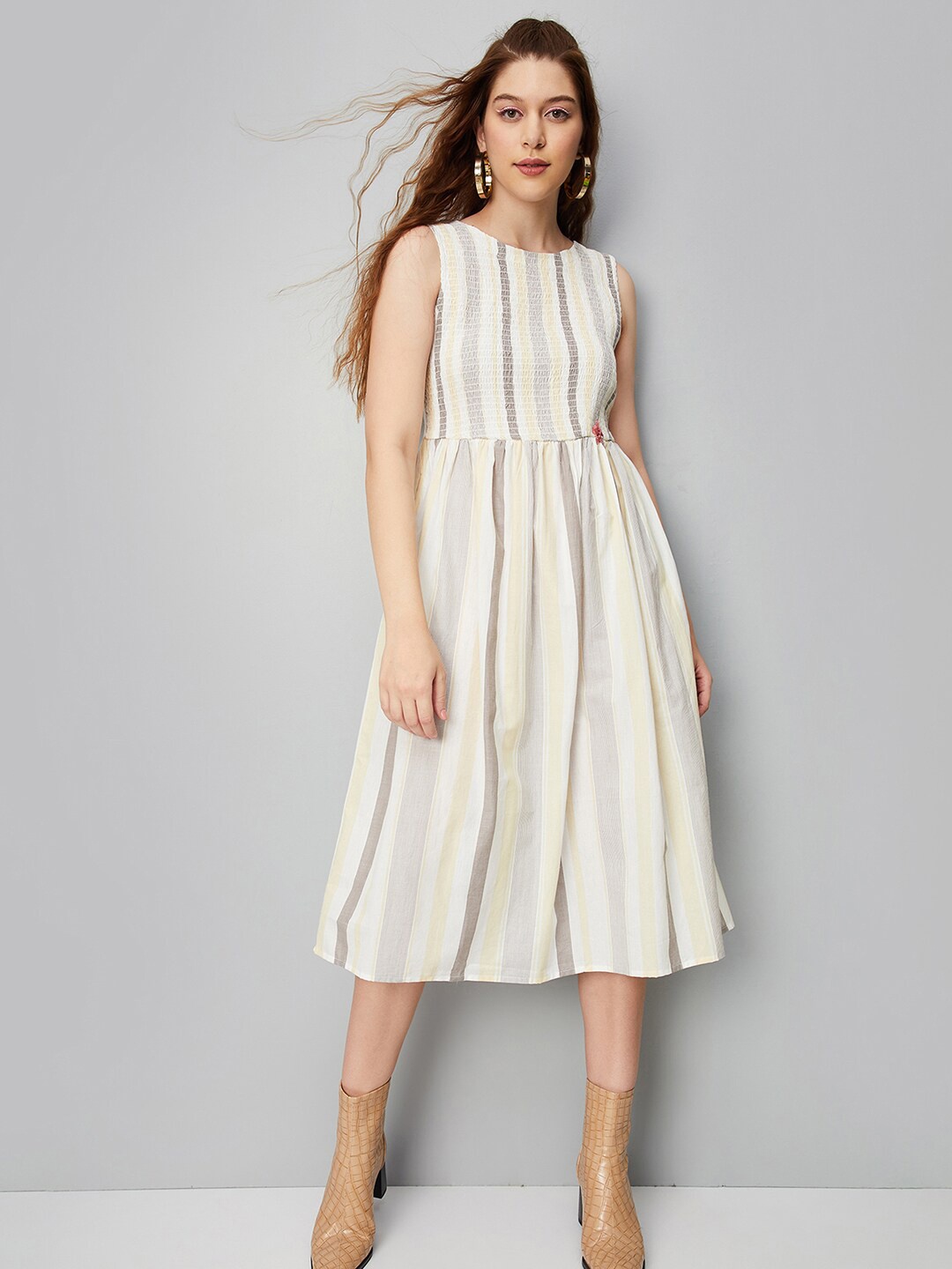 

max Striped Smocked Pure Cotton Fit & Flare Midi Dress, Beige