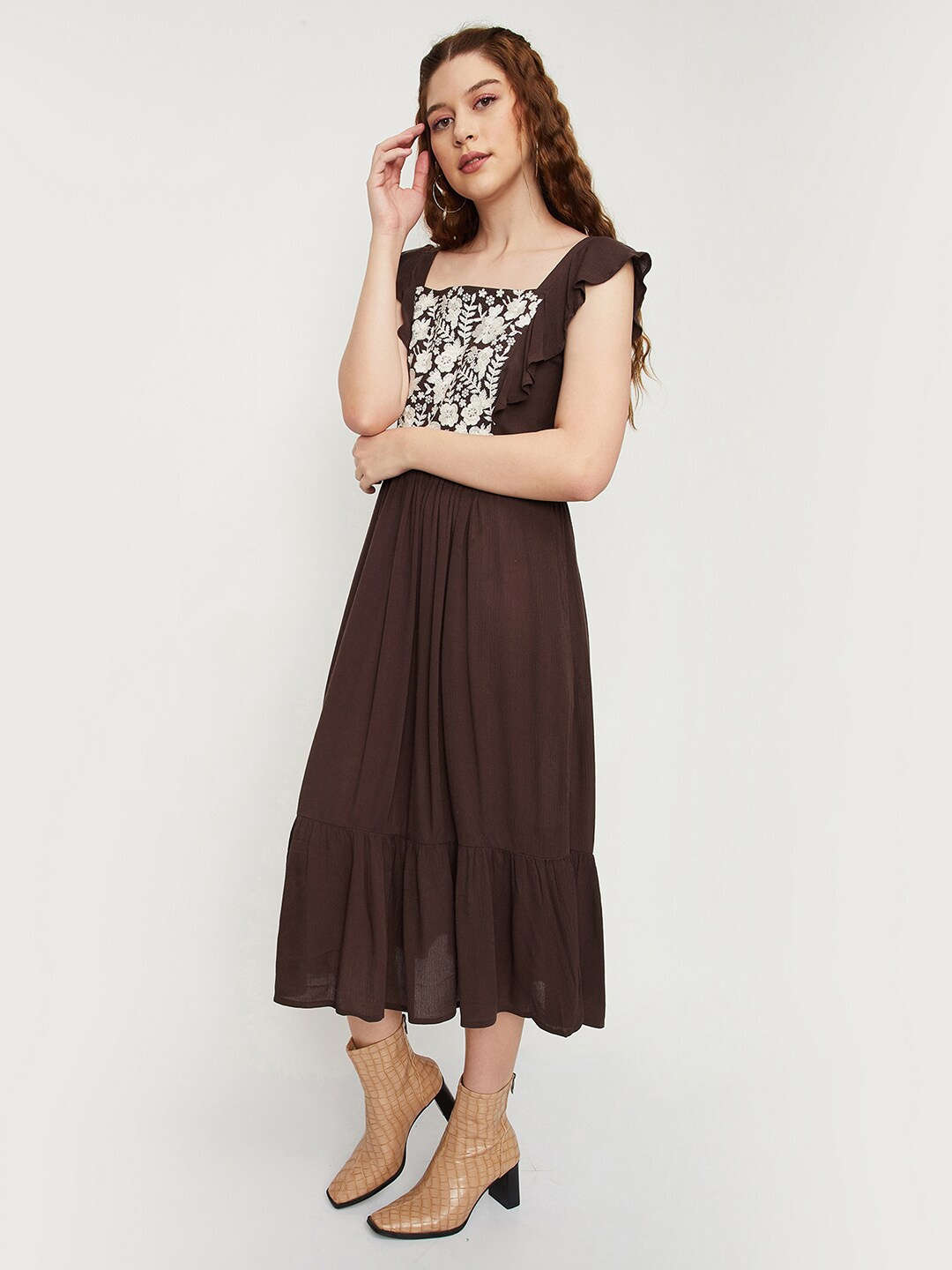 

max Floral Embroidered Flutter Sleeves Fit & Flare Midi Dress, Brown