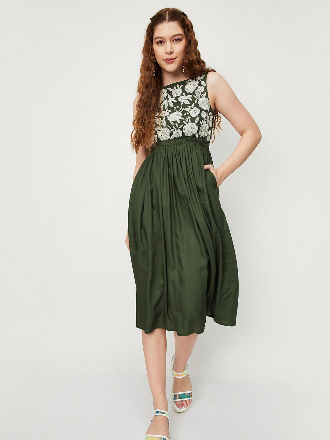 

max Floral Embroidered Fit & Flare Midi Dress, Green