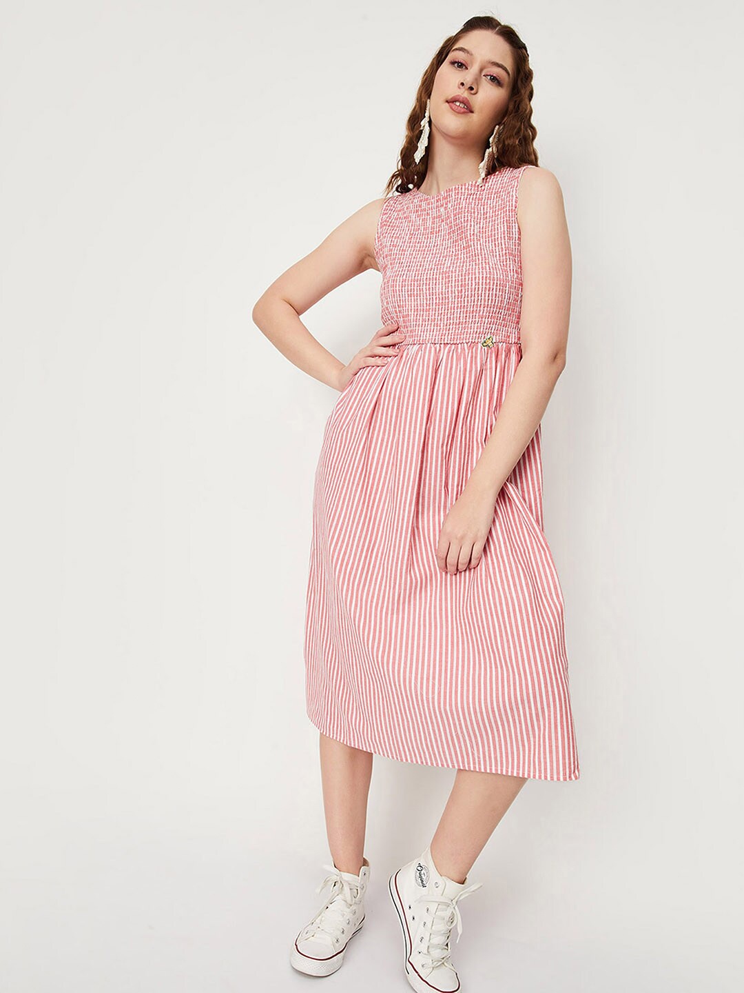 

max Striped Smocked Pure Cotton Fit & Flare Midi Dress, Pink