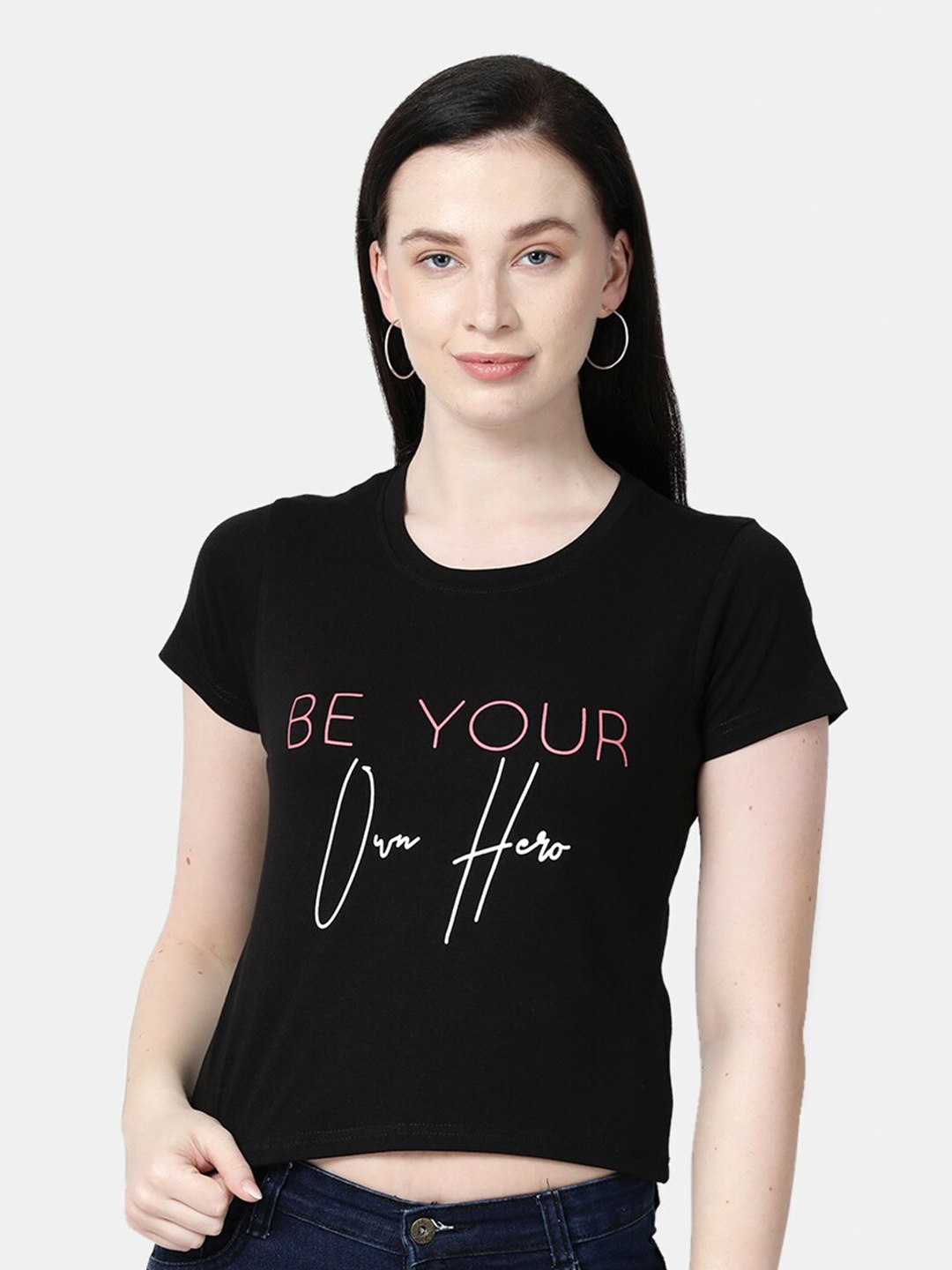 

Selvia Typography Print Crop T-shirt, Black