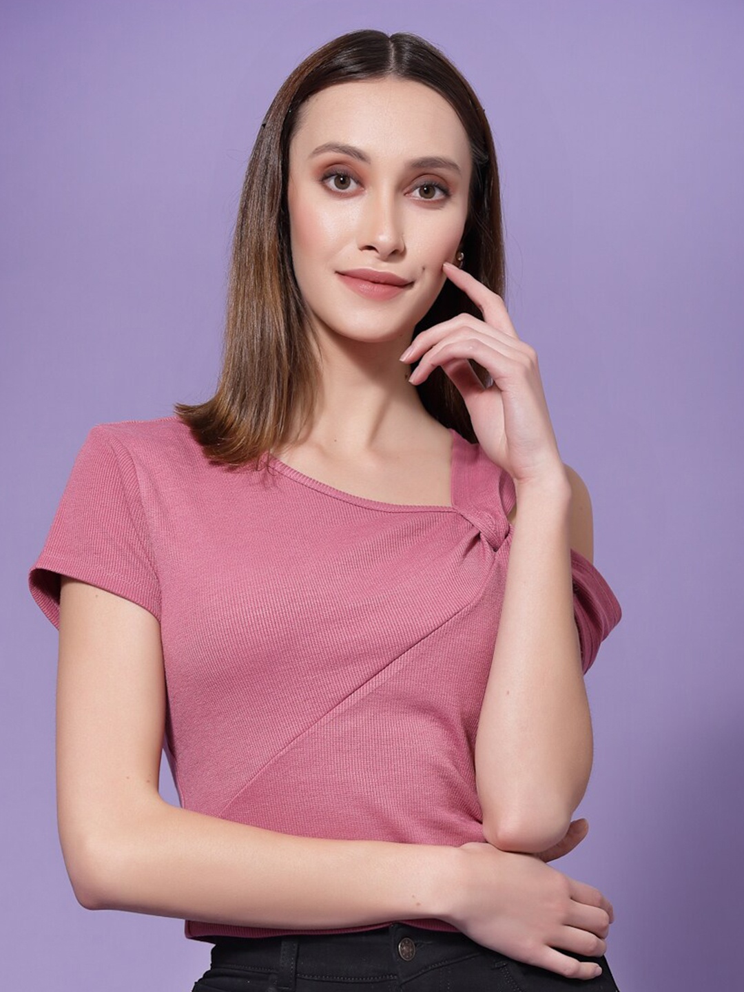 

KASSUALLY Asymmetric Sleeve Twisted Regular Top, Pink