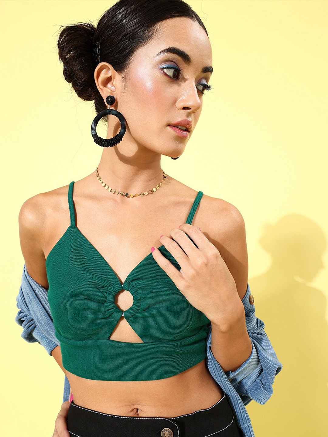 

KASSUALLY Shoulder Straps Bralette Cotton Crop Top, Green