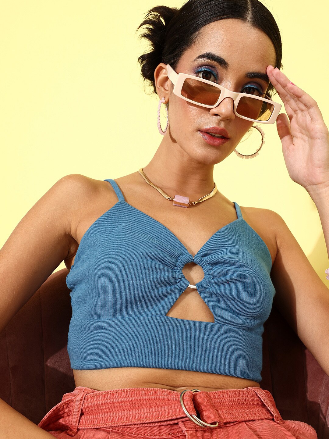 

KASSUALLY Shoulder Straps Bralette Cotton Crop Top, Blue