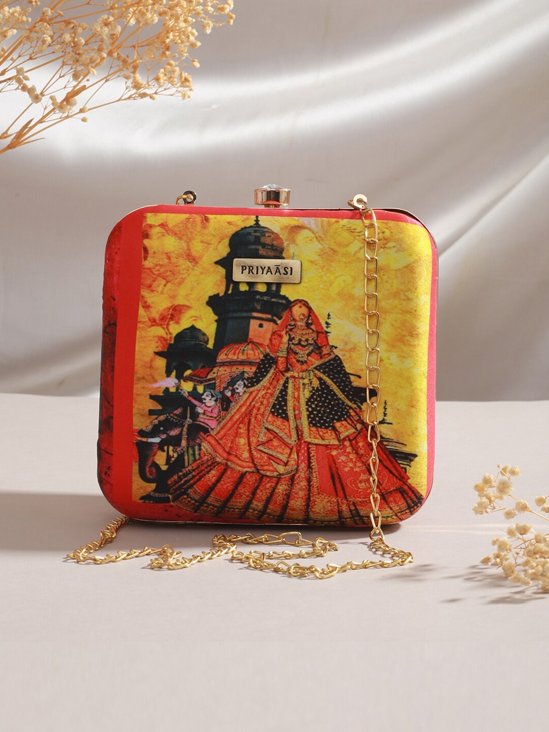 

Priyaasi Printed Box Clutch With Sling Strap, Yellow