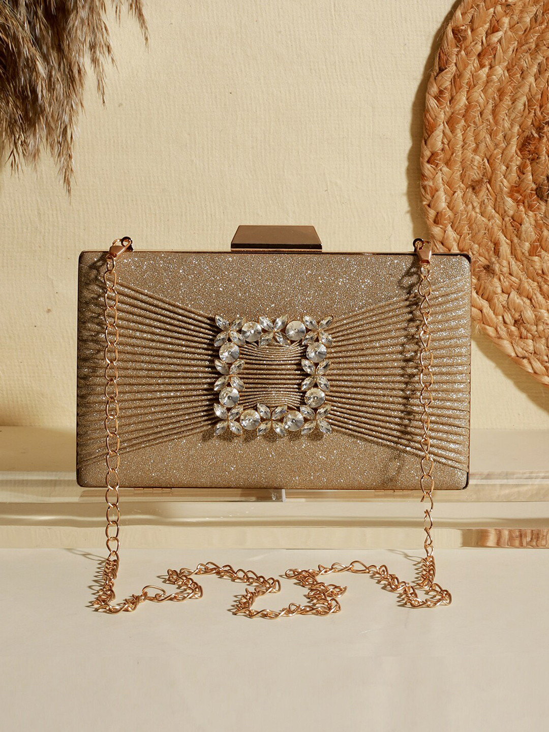 

Priyaasi Embellished Box Clutch With Sling Strap, Gold