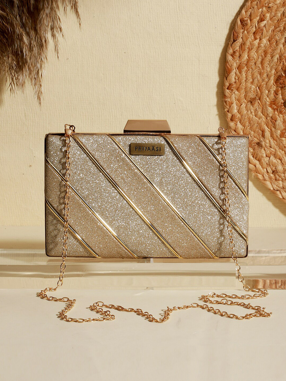 

Priyaasi Striped Box Clutch, Gold
