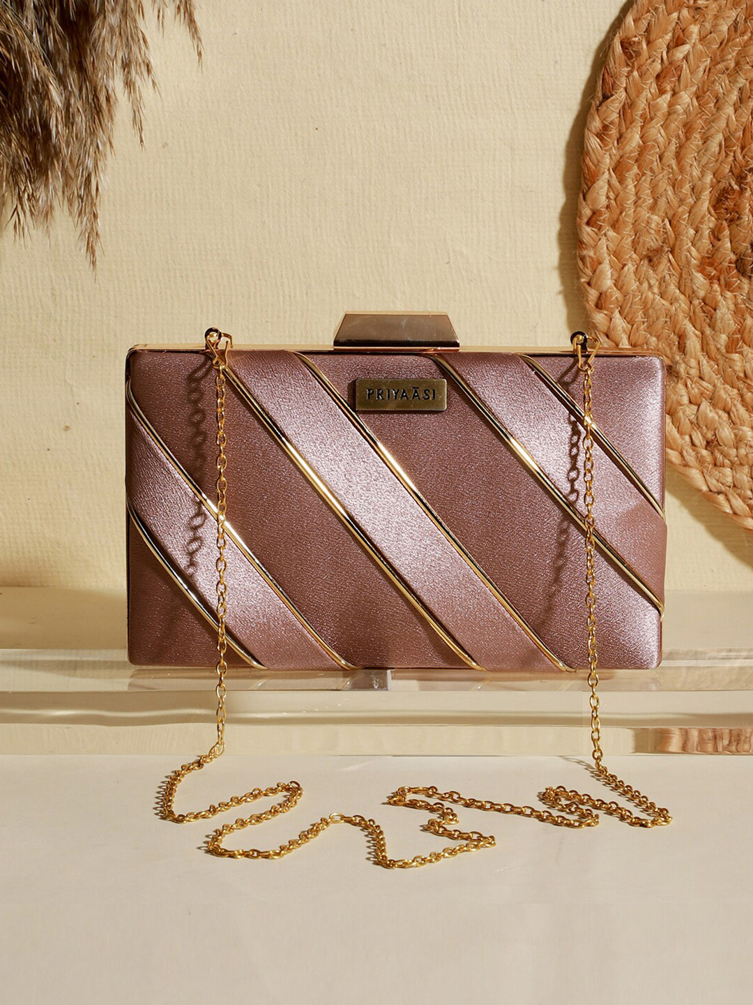

Priyaasi Striped Box Clutch, Purple