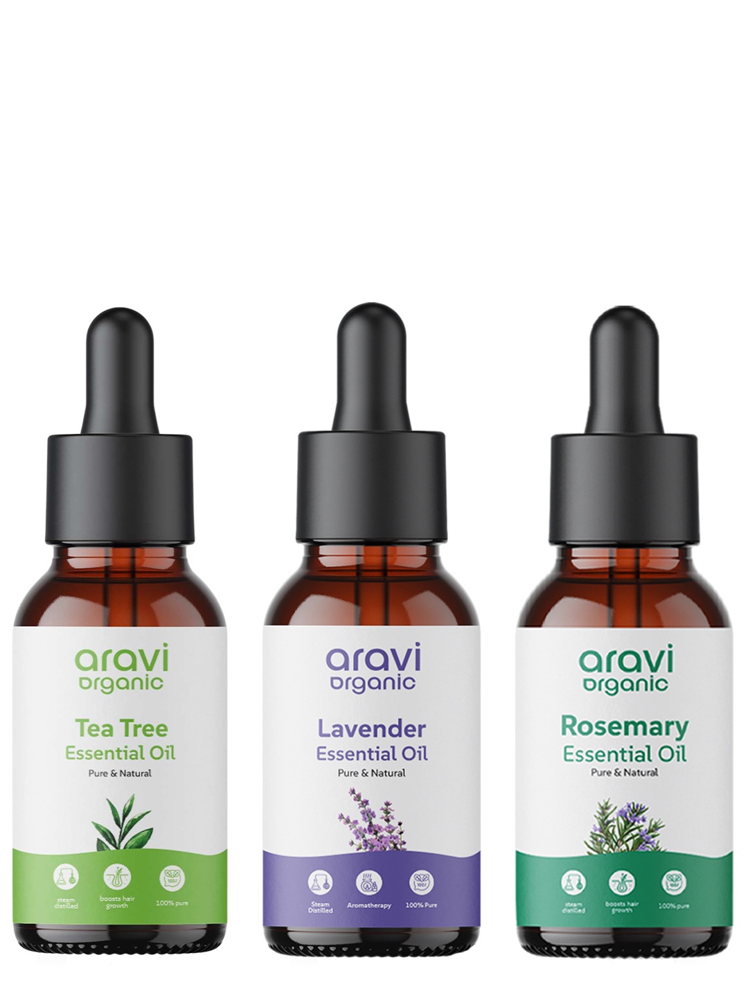 

Aravi Organic Set of Pure Rosemary, Lavender & Tea Tree Essential Oil for Hair & Skin Care, Transparent