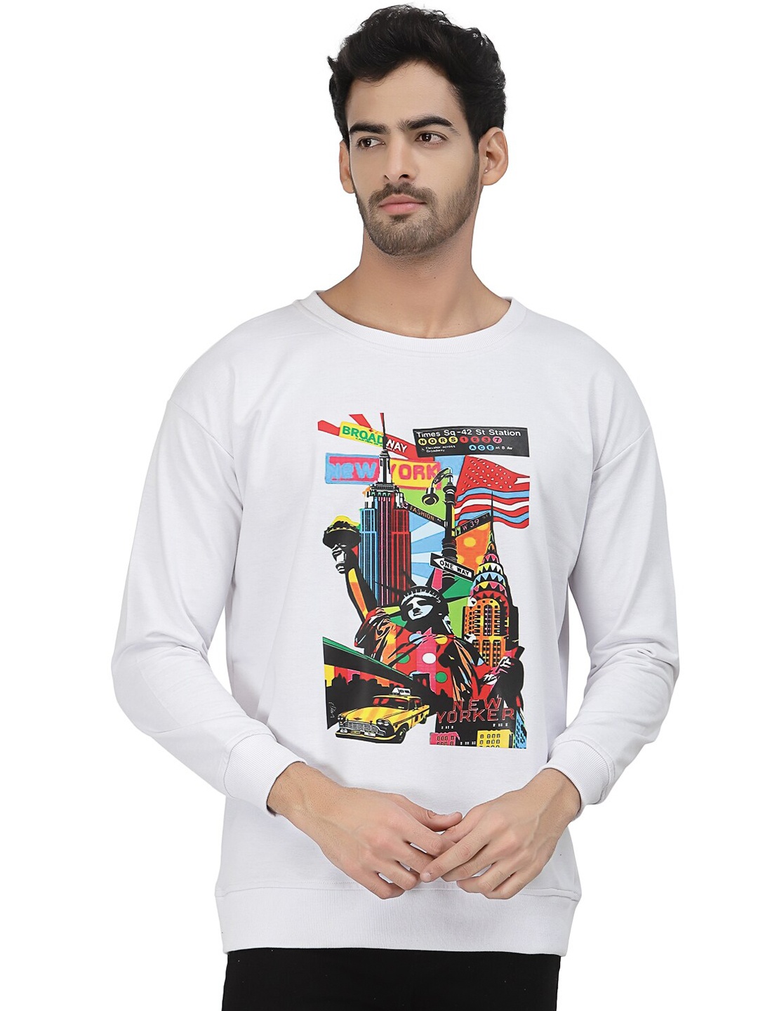 

PAUSE SPORT Graphic Printed Round Neck Cotton Sweatshirt, White