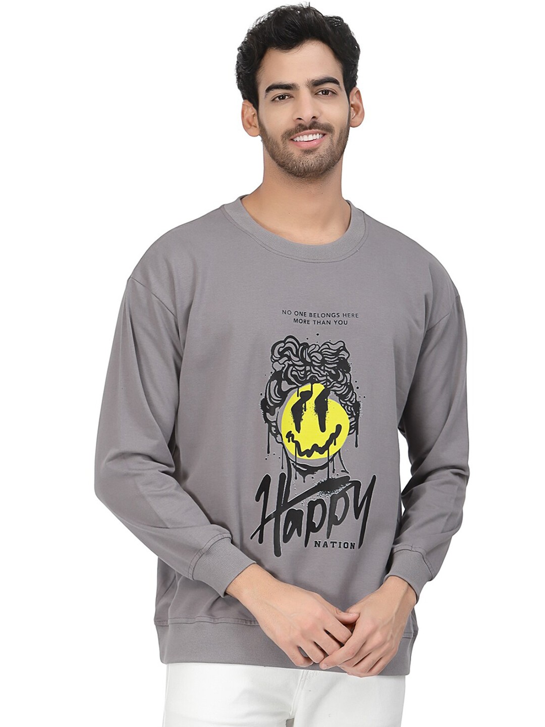

PAUSE SPORT Typography Printed Round Neck Cotton Sweatshirt, Grey