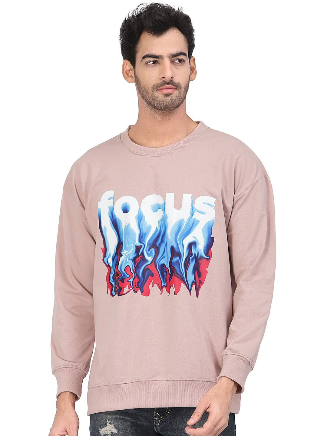 

PAUSE SPORT Graphic Printed Round Neck Cotton Sweatshirt, Peach