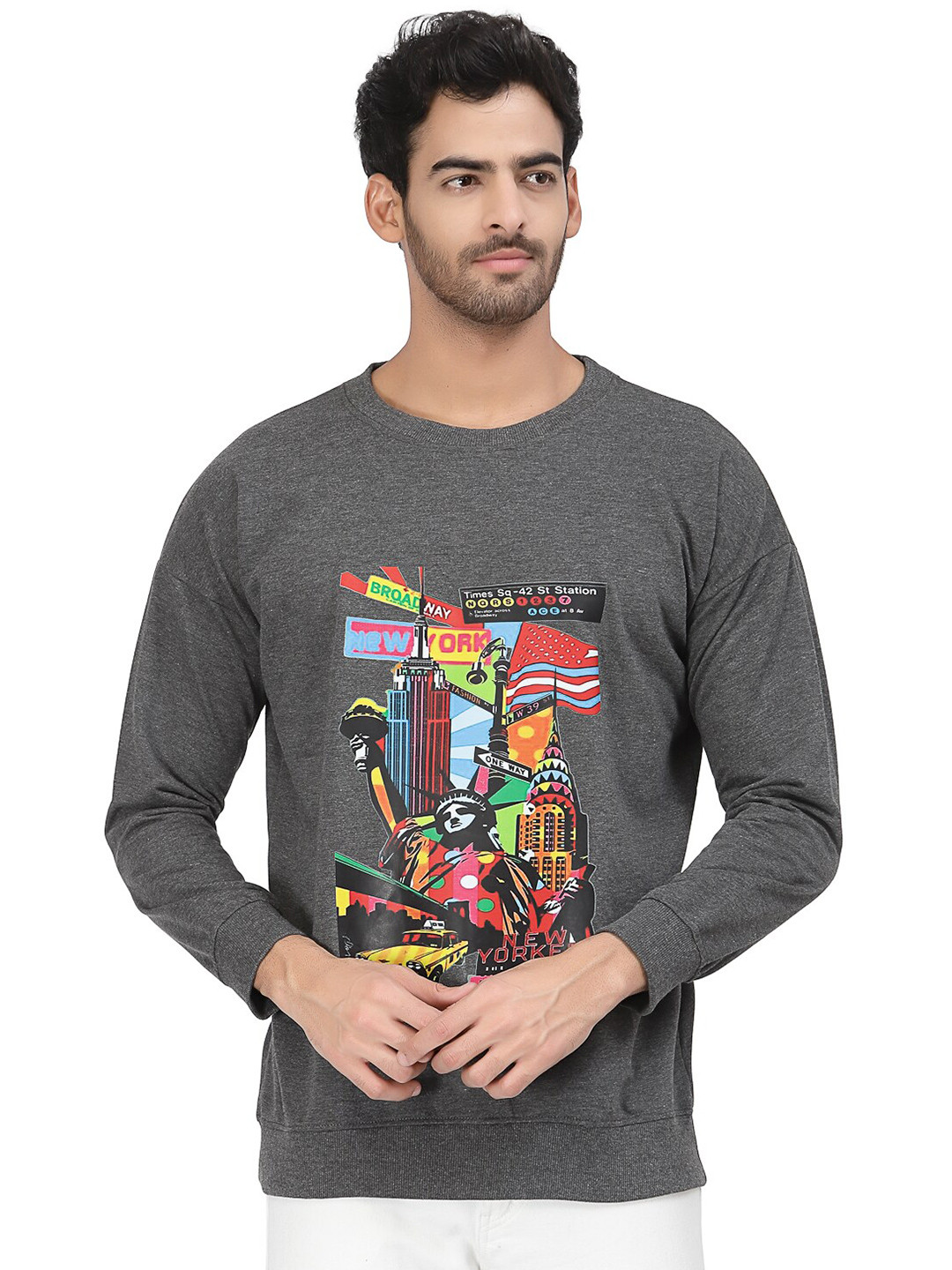 

PAUSE SPORT Printed Round Neck Cotton Sweatshirt, Grey