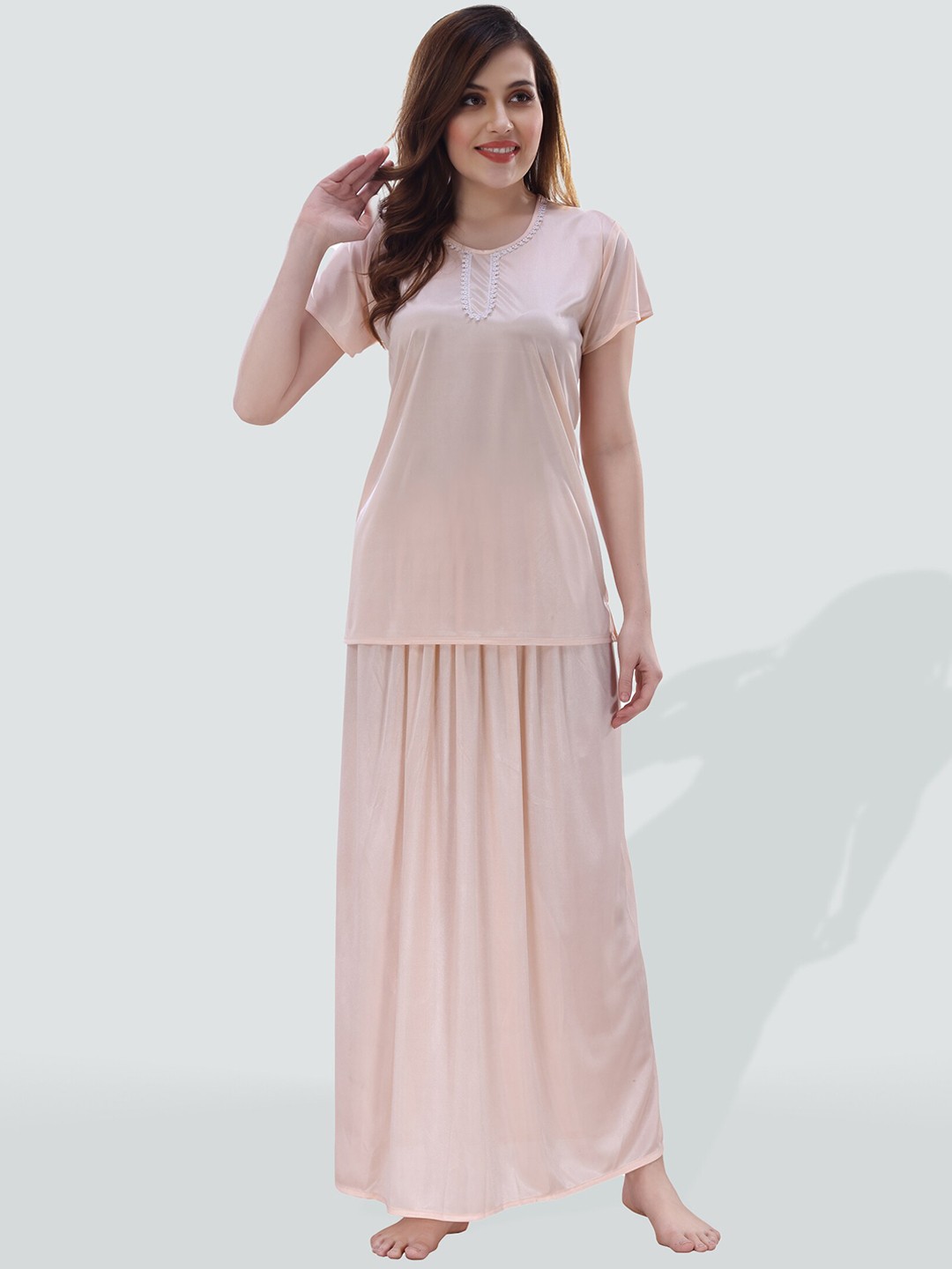 

Romaisa Round Neck Satin Night Suit, Beige