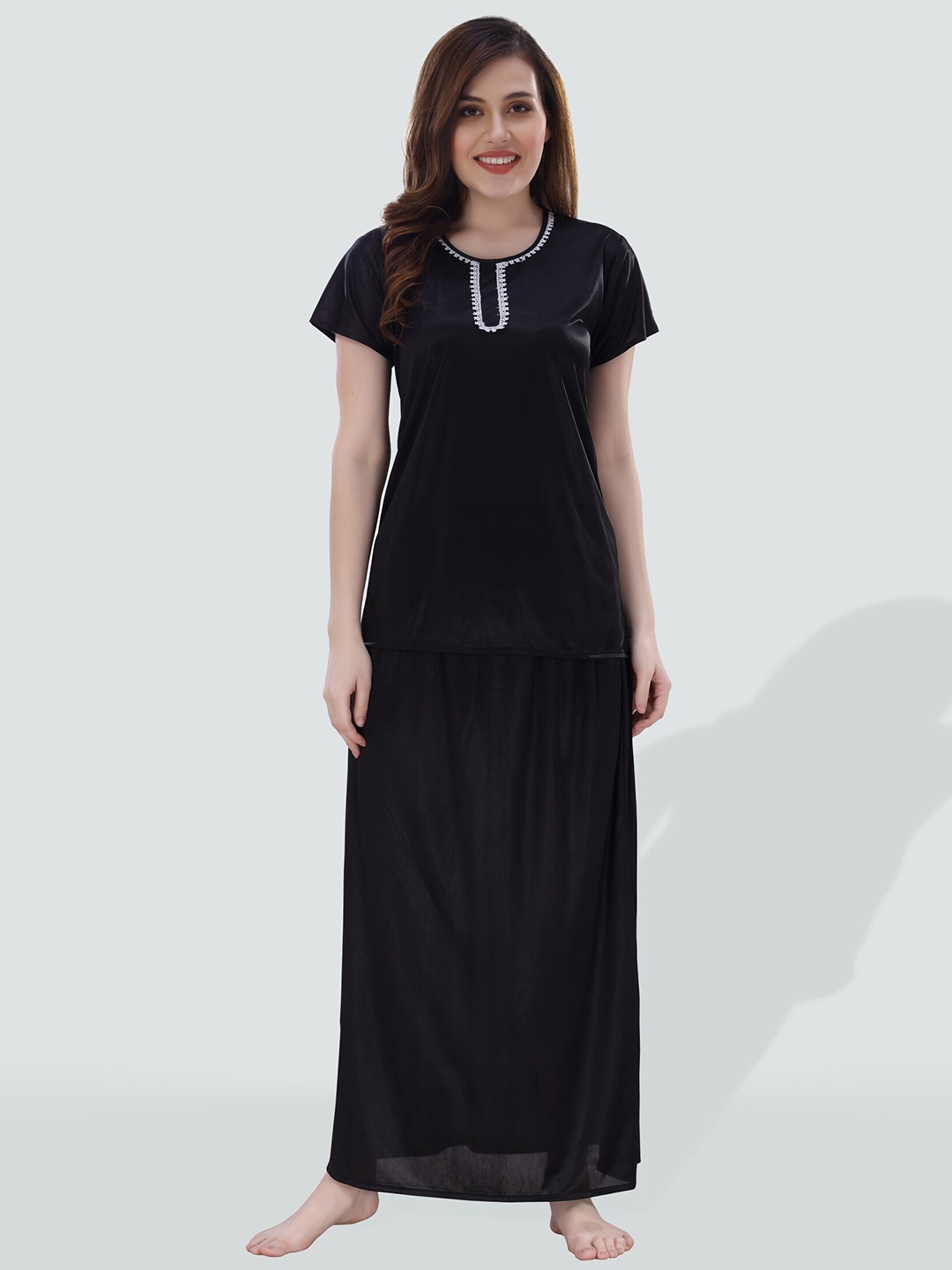 

Romaisa Round Neck Satin Night Suit, Black